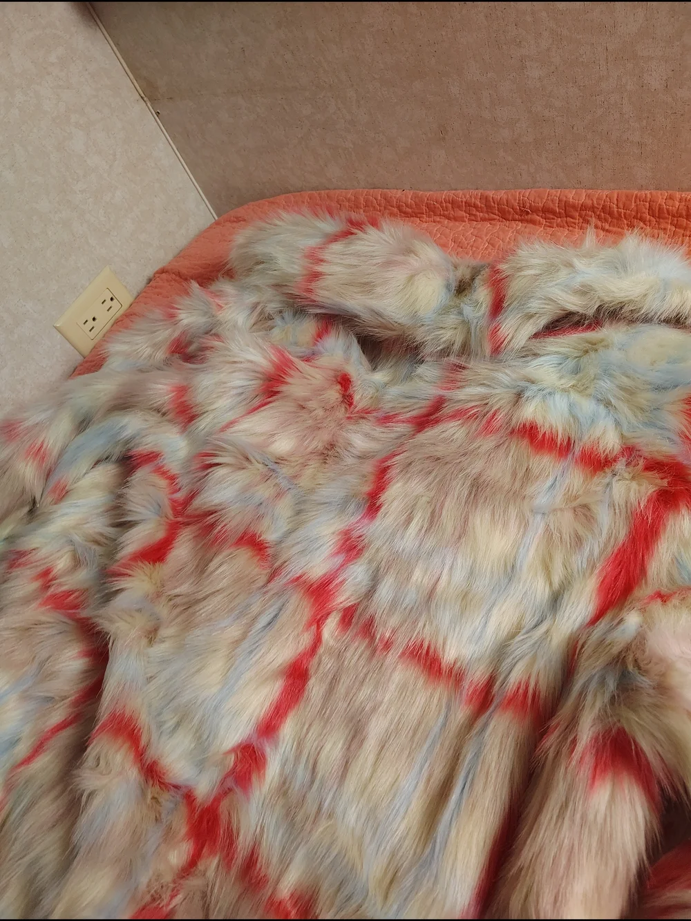 NVLT Girls Faux Fur Plaid Pea Coat in Cream, Red & Tan